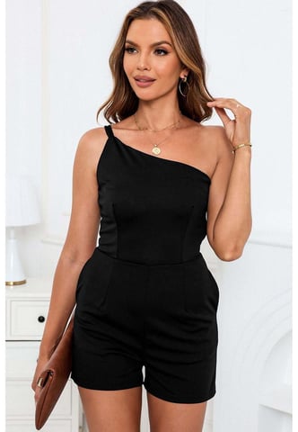 Women's One Shoulder Side Pocketed Romper in Black