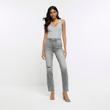 River Island Womens Straight Jeans Grey Ripped High Waisted Slim