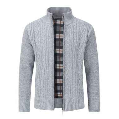 Men's Cardigan with Zip Cardigan Chunky Knit with Stand-Up Collar for Winter Light Grey