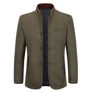 Men's Short Slim Fit Coat with Stand-Up Collar Business Casual Wool Overcoat Khaki