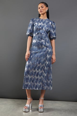 Premium Sequin Denim Fitted Puff Sleeve Midi Dress