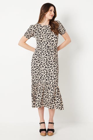 Animal Print Puff Sleeve Jersey Midi Dress