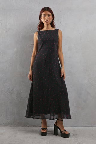 Heart Print Chiffon Slash Neck Bias Sleeveless Midi Dress