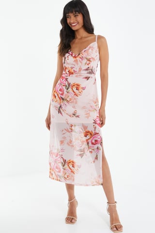 Pink Floral Tie Back Midaxi Dress