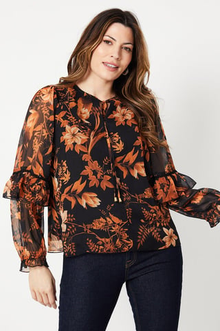 Floral Print Frill Detail Tie Neck Top