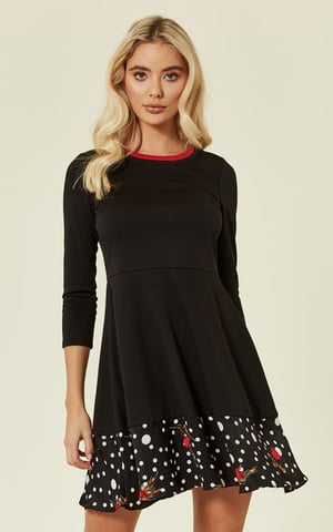 Pearls Dream Long Sleeve Mini Polka Dot Skater Dress in Black