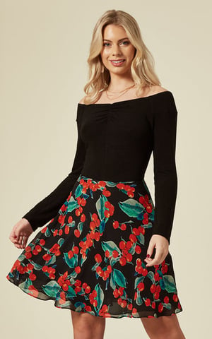 Off The Shoulder Cherry Print Mini Dress