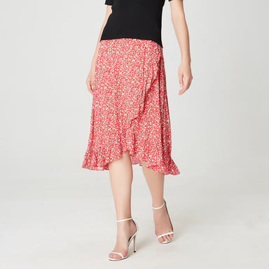 Cross-ruffles and floral print skirt