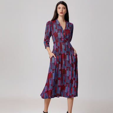 Graphic Print V Neckline Midi Wrap Dress