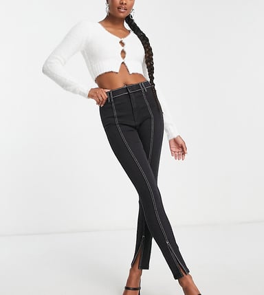 Miss Selfridge Petite contrast stitch split hem skinny jean in black