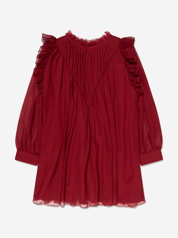 Chloé Girls Pleated Silk Ceremony Dress in Red