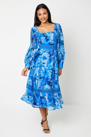 Lace Trim Blouson Organza Midi Dress