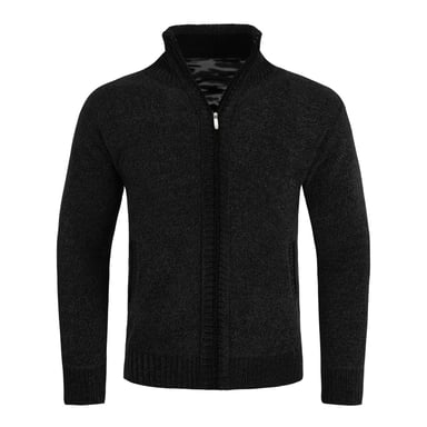 Men's Cardigan with Zip and Stand-Up Collar, Lined Chunky Knit Pullover Black