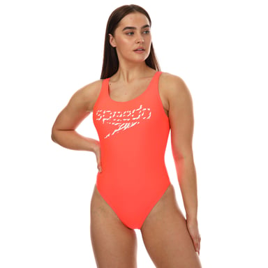 Women's Speedo Logo Deep U-Back Swimsuit in red white
