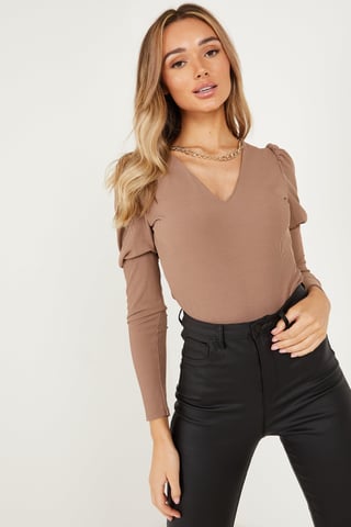 Mocha Ribbed Puff Sleeve Chain Bodysuit