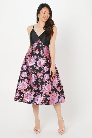 Twill Bodice Jacquard Skirt Midi Dress