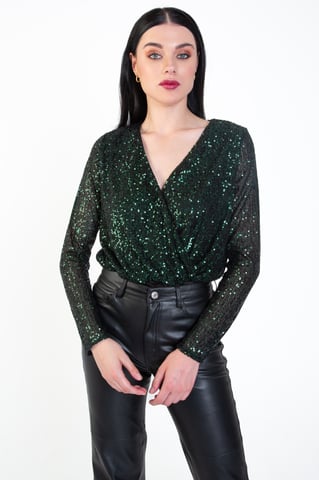 Glinsterende Wrap Bodysuit met Lange Mouwen