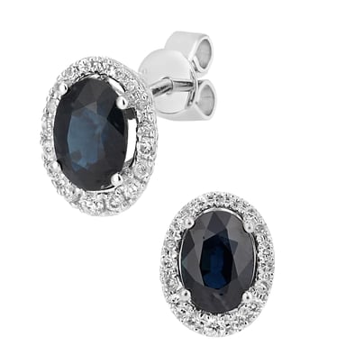 9ct White Gold Diamond and Sapphire Gemstone Oval Cut Stud Earrings