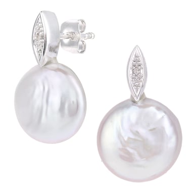 9ct White Gold, 0.01ct Diamonds with White Cultured pearl Earrings