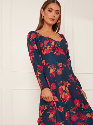 Long Sleeve Floral Midi Dress in Navy