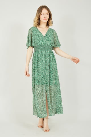 Yumi Green Ditsy Print Ruched Maxi Dress