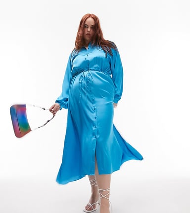 Topshop Curve satin midi shirt dress in blue