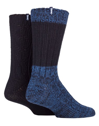 Mens Wool Hiking Socks | Jeep | Heavyweight Ribbed Cable Knit Wool Blend Boot Socks | Breathable Outdoor Socks - Navy / Blue