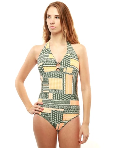 M4467PW Moontide Patchwork Reversible Halterneck Ring Front Swimsuit