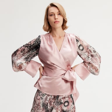 Cross heart top with floral print sleeves