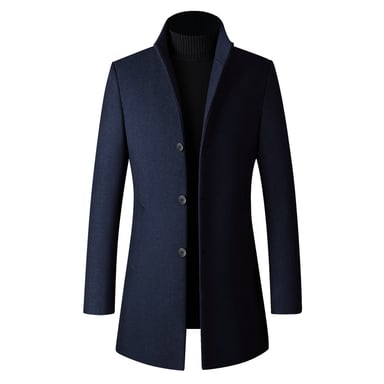 Men's Wool Long Slim Fit Stand-Up Collar Business Coat for Winter Blue