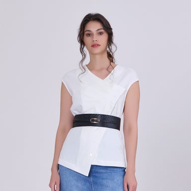 Double breasted pleated asymmetric top