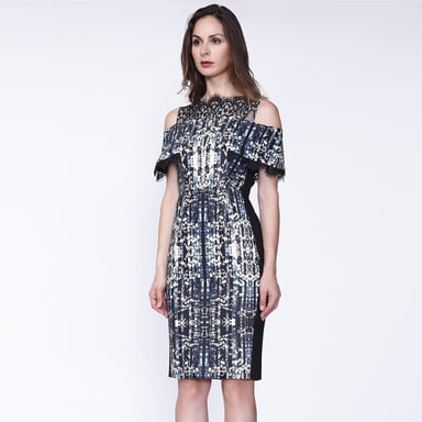 Short printed cocktail dress, with bardot neckline and lace garnish