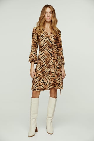 Tiger Print Viscose Wrap Dress with Bell Sleeves