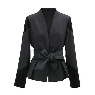 Bi-material blazer and knotted belt