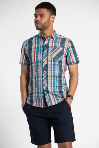 Blue Cotton Check Short-Sleeve Shirt