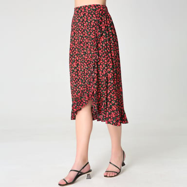 Cross-ruffles and floral print skirt