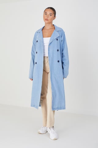 Denim Double-Breasted Longline Trench Coat With Raglan Sleeves