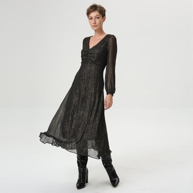 Midi dress golden glint effect and V neckline