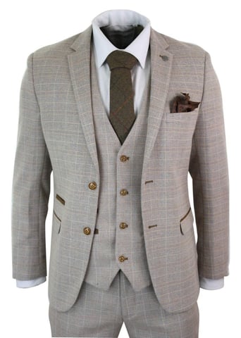 Mens 3 Piece Beige Tweed Check Vintage Retro Suit