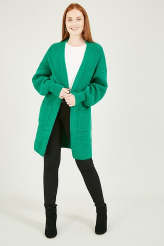 Yumi Green Knitted Long Cardigan With Pocket