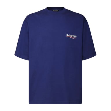 Balenciaga Political Logo Cotton Jersey T-Shirt Blue