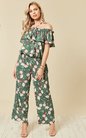 Dreaming of Maui Off the Shoulder Wide Leg Jumpsuit in Green