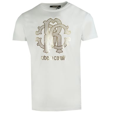 Roberto Cavalli Gold Snake Skin Logo White T-Shirt