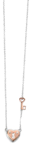 Elements Sterling Silver Ladies Rose Gold Plated Heart Lock and Key Necklace of 41-46cm