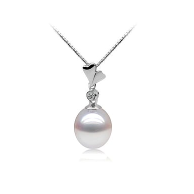 White Freshwater Pearl, Cubic Zirconia Hearts Pendant and 925 Silver