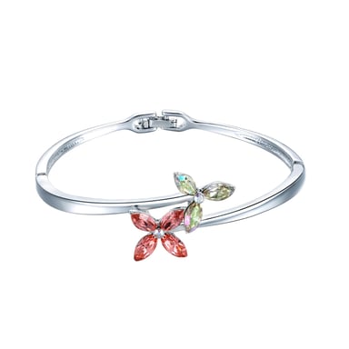 Swarovski - Pink and White Swarovski Crystal Elements Flower and Rhodium Plated Bracelet Bangle