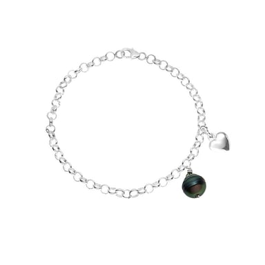 Women's Bracelet in Sterling Silver 925/1000, 9 mm Black Rimmed Tahitian Pearl and Heart Pendant