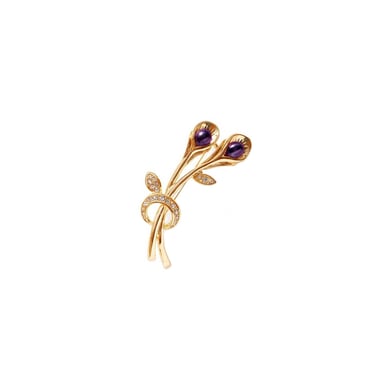 Purple Freshwater Pearl and Cz Stone Brooch and yellow Gold Mounting