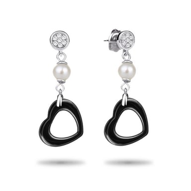 Cubic Zirconia Crystals Black Ceramic Heart Earrings and Silver Sterling Mounting
