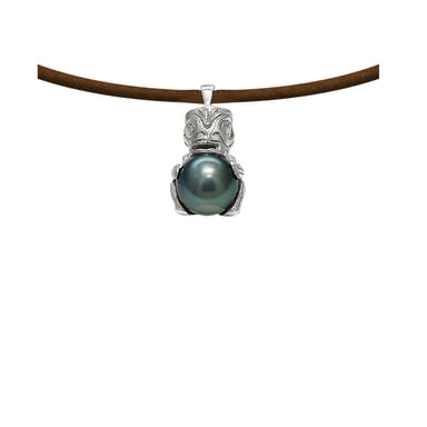 Black Tahitian Pearl Tribal Leather Man Necklace and 925 Sterling Silver